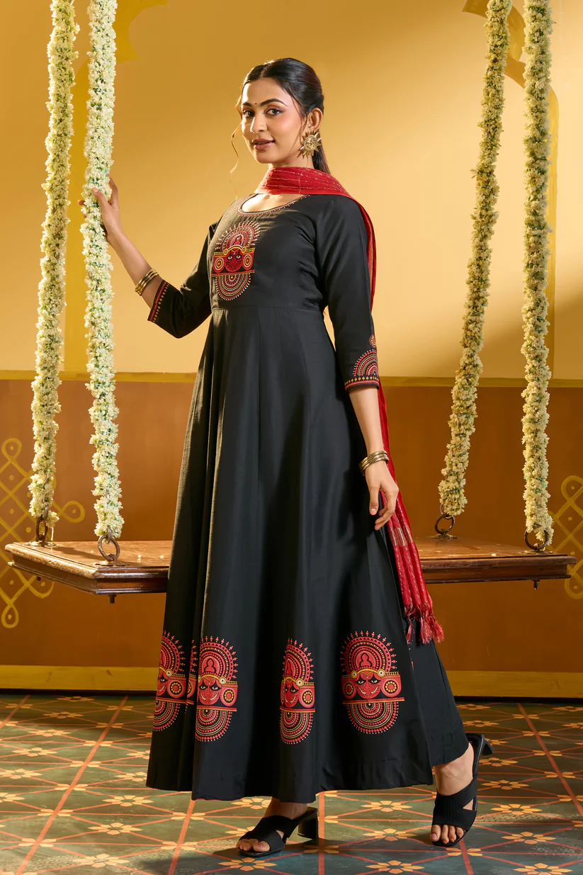 Theyyam Embroidered & Printed Anarkali with Dupatta